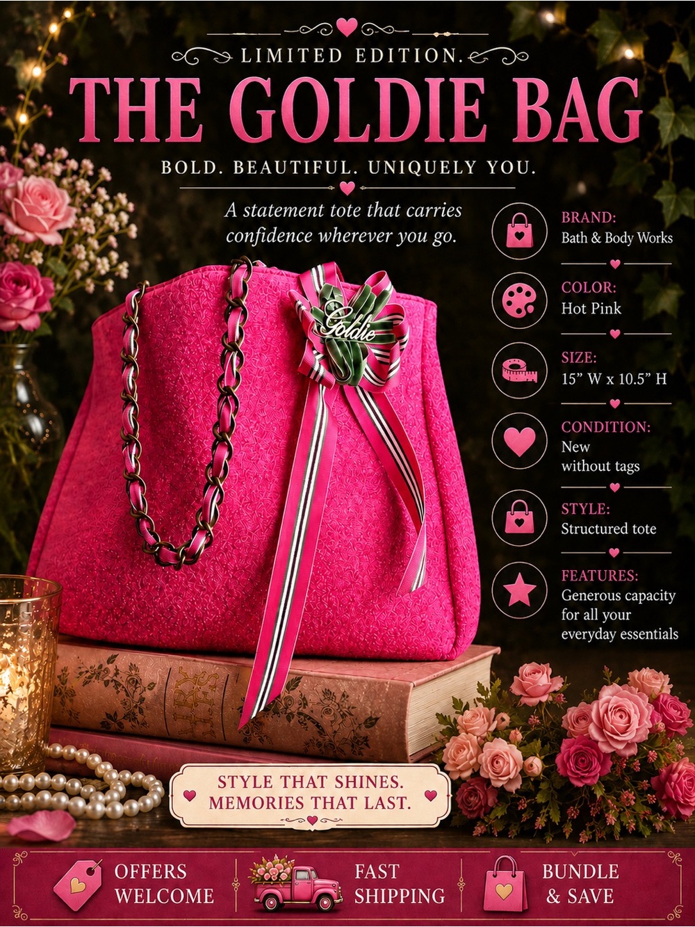 Bath & Body Works Goldie Tote Hot Pink Limited Edition NWT